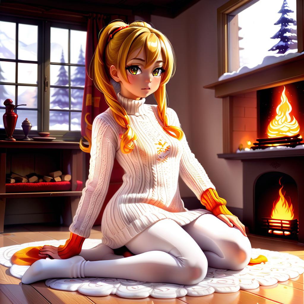  anime artwork kawai girl, mango, anime, sits in a room on the floor near the fireplace with a fire, she is wearing a knitted dress and high white leggings, in the background you can see in the window as it snows . anime style, key visual, vibrant, studio anime, highly detailed, sticker