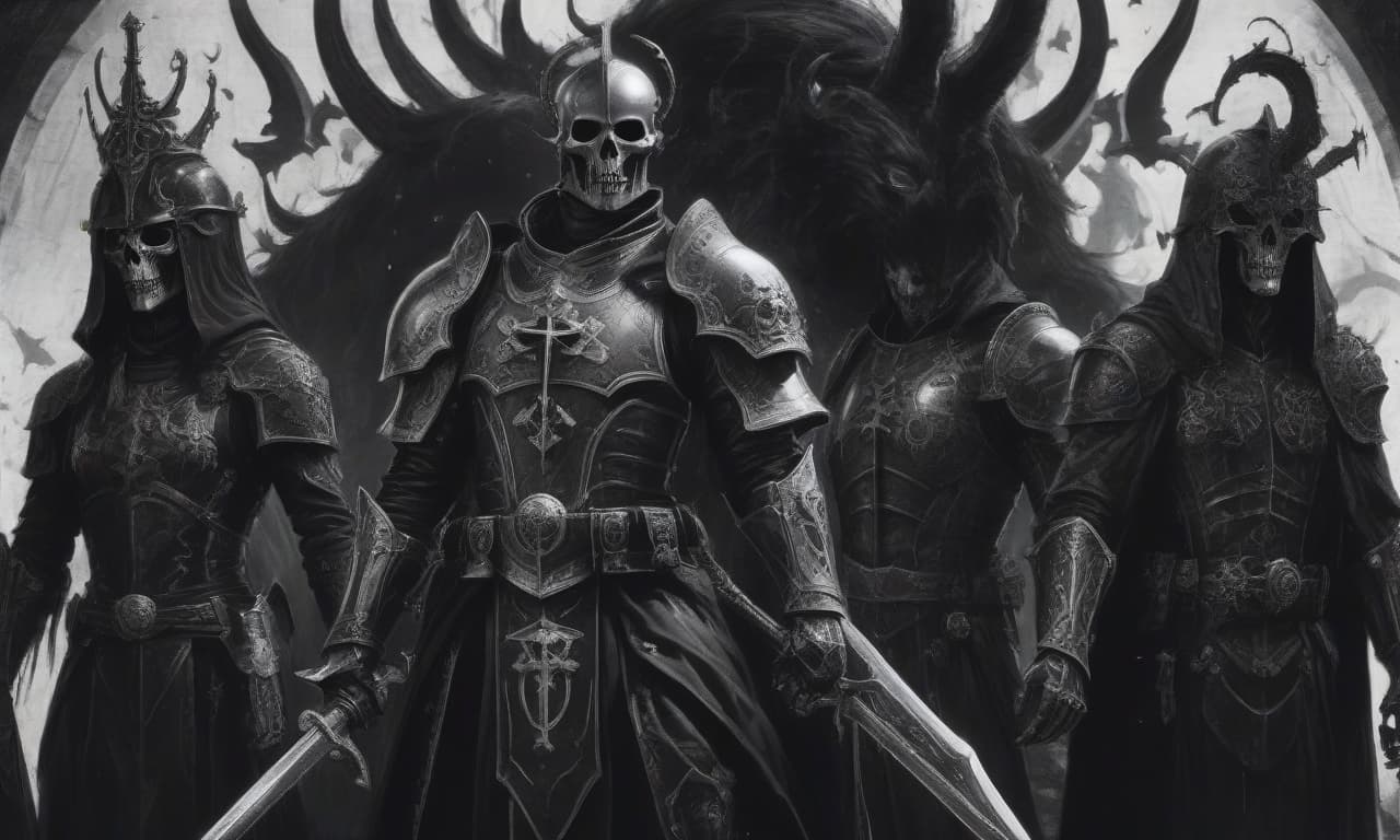  horror themed draw in black white style. the legion of the sons of night, an elite unit of knights, in a black dark universe of horrors, in iron armor with black cloaks, on their shoulder pads on the left is an engraved iron lion, and on the right is a white iron cross, their helmet slightly resembles images of an iron skull. several of these knights stand in a circle, in a black temple. . eerie, unsettling, dark, spooky, suspenseful, grim, highly detailed