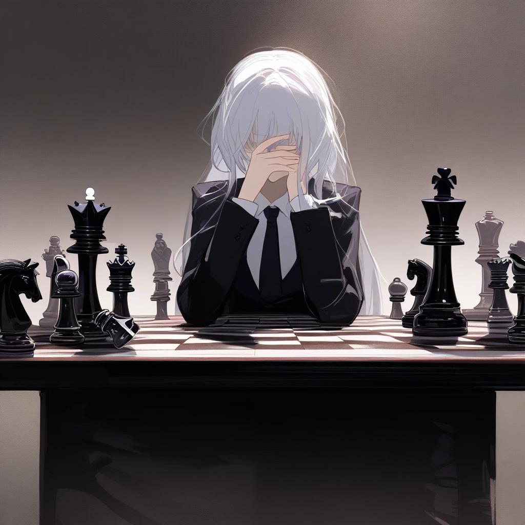  white hair anime woman with shadows hiding face, sitting in front of a table with a chess set on it,an evil smile on her face and only 1 gold eye is visible, black suit and tie . best quality, high resolution