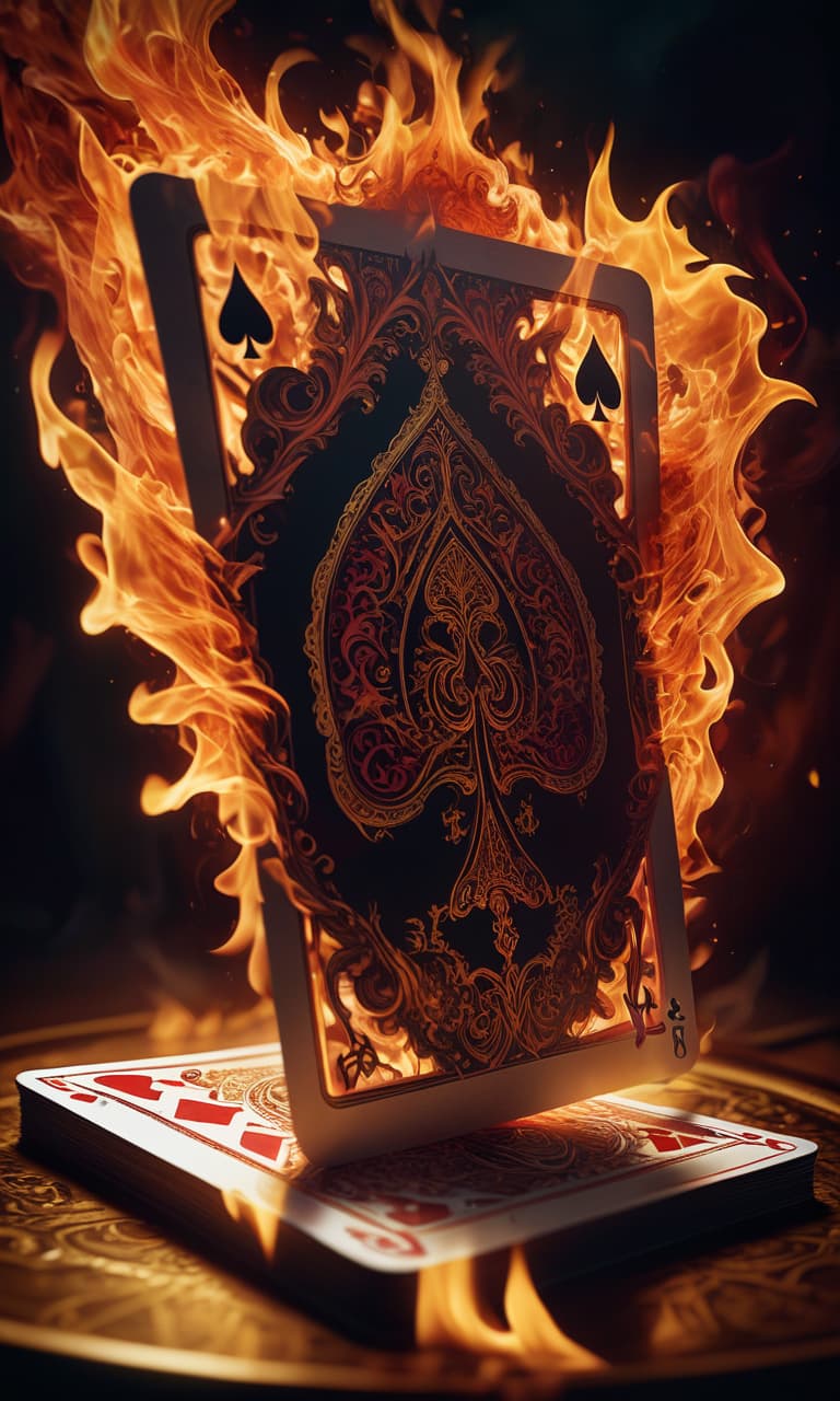  macabre style (picture, digital art:1.2), burning playing card with mesmerizing flames, perched elegantly on a table, intricate details capturing the fiery glow, (beautiful:1.3) avatar image, airbrushed art style, dynamic composition, vibrant colors, warm lights illuminating the scene, intense and captivating atmosphere, trending on digital art platforms. . dark, gothic, grim, haunting, highly detailed, civitai, glowneon