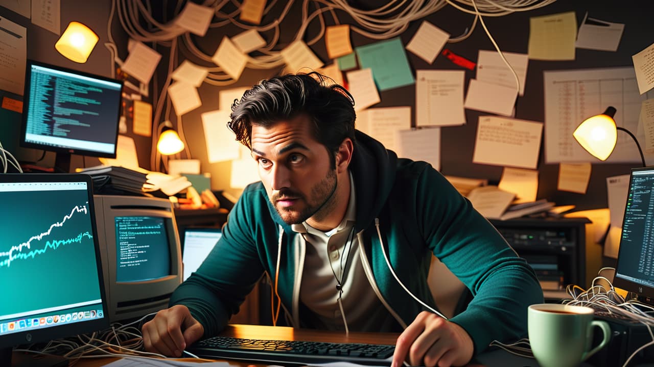  a programmer surrounded by a chaotic workspace, tangled wires and monitors displaying complex code, frustrated expressions, coffee cups, and scattered notes, symbolizing the challenges of api development in a dimly lit room. hyperrealistic, full body, detailed clothing, highly detailed, cinematic lighting, stunningly beautiful, intricate, sharp focus, f/1. 8, 85mm, (centered image composition), (professionally color graded), ((bright soft diffused light)), volumetric fog, trending on instagram, trending on tumblr, HDR 4K, 8K