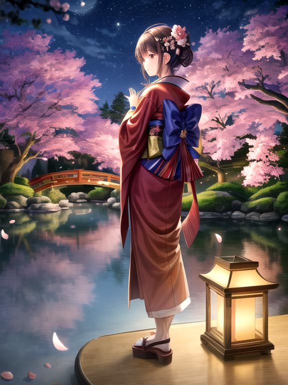  master piece, best quality, ultra detailed, highres, 4k.8k, serene young in traditional kimono., admiring the starlit sky while standing in contemplation., gentle and wistful expression., break an inspiring tale of a 's journey through the starry night in the tranquility of the majestic japanese garden., enchanting japanese garden with a serene pond and cherry blossom trees., paper lanterns, folding fan, cherry blossom petals, and intricate wooden garden bridge., break a peaceful and ethereal ambiance filled with the fragrance of cherry blossoms and the soft glow of lanterns., radiating glow of distant stars and the tranquil reflection of the moon on the pond's surface.,