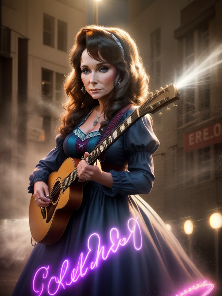  The young country singer Loretta Lynn, medium shot, upper body, spotlight, long exposure lighting, street art style spray paint, glamour lighting