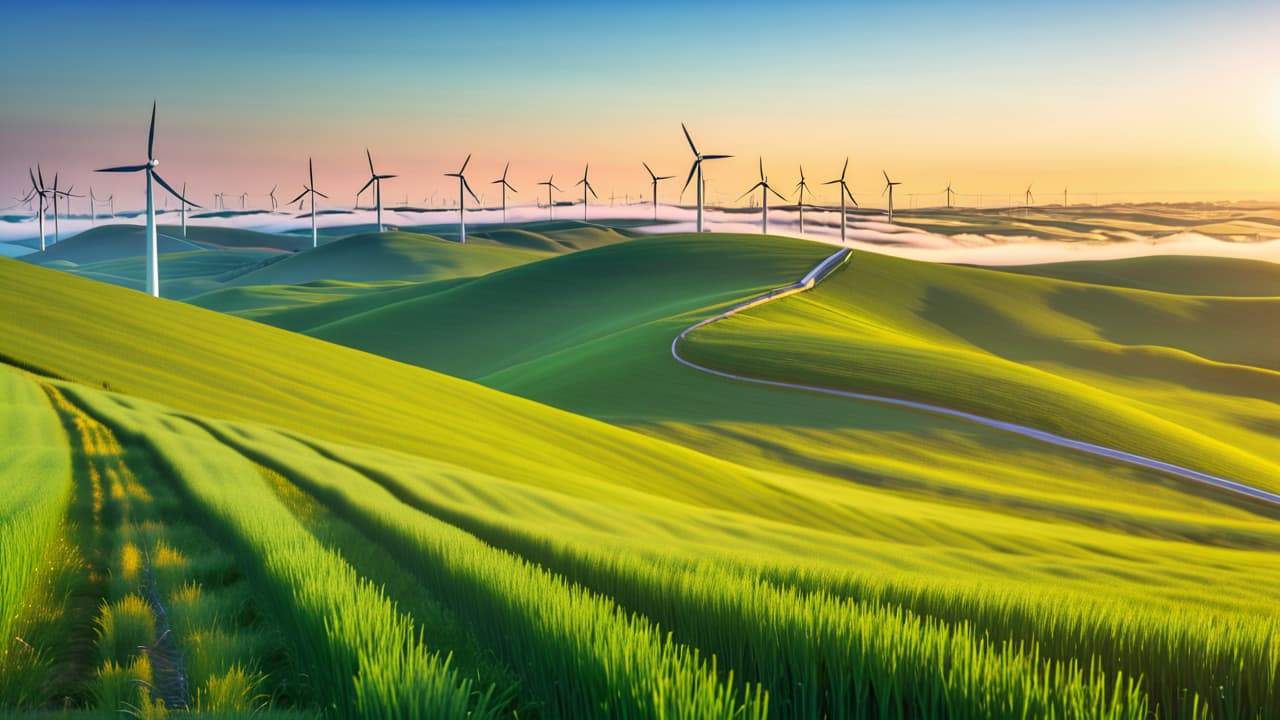  a vibrant landscape featuring wind turbines on rolling green hills, solar panels glistening under a bright sun, and a clear blue sky, with wildlife thriving in a harmonious, clean environment. hyperrealistic, full body, detailed clothing, highly detailed, cinematic lighting, stunningly beautiful, intricate, sharp focus, f/1. 8, 85mm, (centered image composition), (professionally color graded), ((bright soft diffused light)), volumetric fog, trending on instagram, trending on tumblr, HDR 4K, 8K