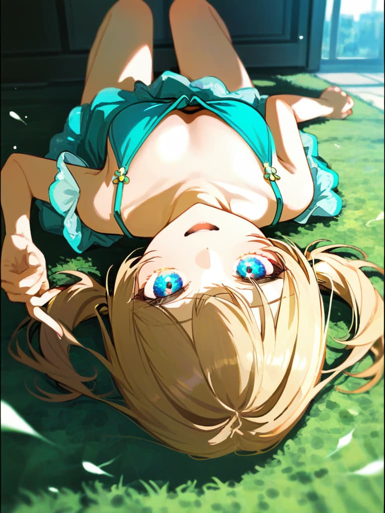  ultra detailed:1.2,masterpiece:1.2,best quality,masterpiece,bestquality,hdr:1.1,8k:1.1,very cute girl:1.3,(aqua sundress :1.6),(standing:1.5) ,smile:1.4 ,(blonde hair,twin tail,drill hair:1.3) ,cowboy shot:1.3,dutch angel:1.5,open mouth,((upside down:1.7))(from above:1.1)((eyes highlight:1.1))