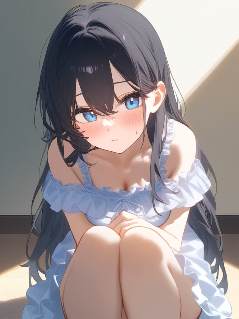  cute face focus,cute,black hair,light blue eyes,cute posing,frill onepiece,long hair,adult,shy