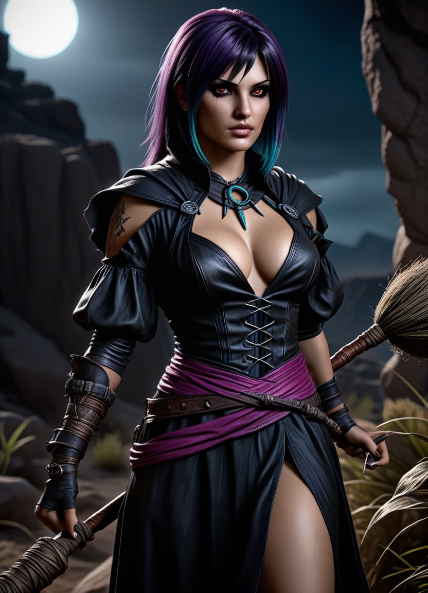  hyperrealistic art hyperrealism, masterpiece, full length character concept art, morrigan is a witch from the wild lands, from the game dragon age origin, attractive appearance, but at the same time daring, dressed in an attractive outfit, holding a staff in the style of dark fantasy, (high contrast: 0.8), high detail, bright saturated details, clear shadows and highlights, . extremely high resolution details, photographic, realism pushed to extreme, fine texture, incredibly lifelike