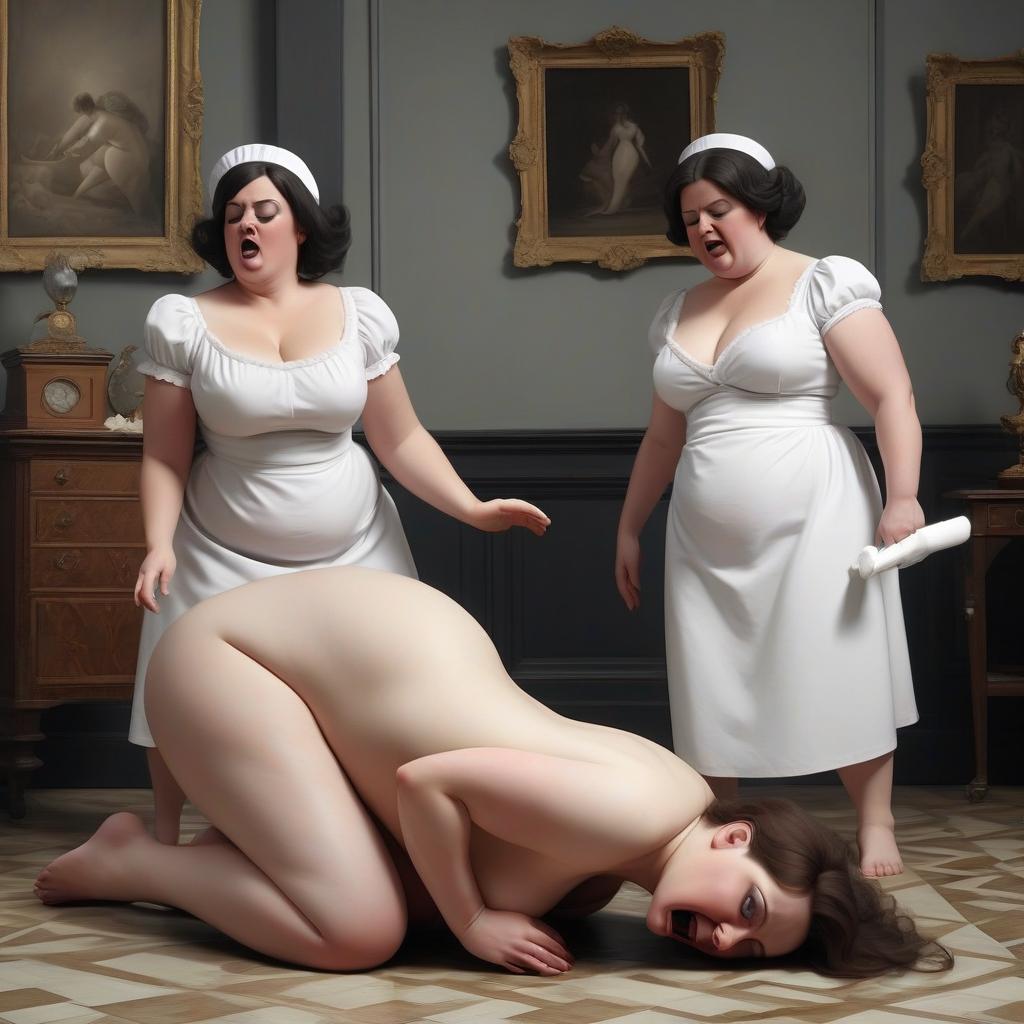  a naked fat white lady fainted and lay unconscious on the floor, and two black maids bent over her and try to bring her to her senses.