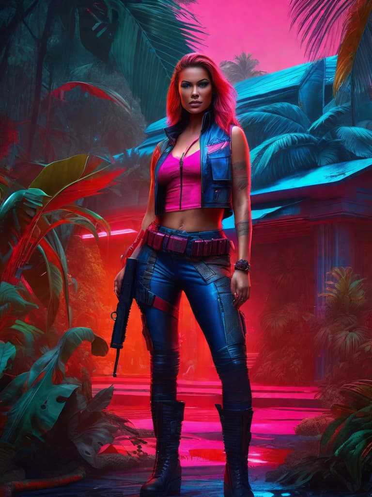  Futuristic female bounty hunter, red flowing, long hair, dressed in skin tight shorts and a sleeveless, leather flack vest; standing in a Columbian jungle outside a large villa...realistic neon pink and bright neon blue, with lots of blood dripping off face, grinning.