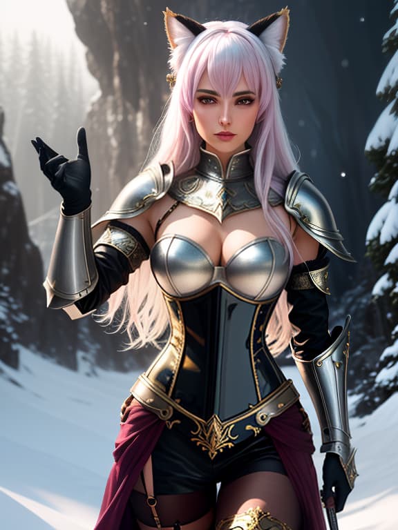  surreal, unearthly, dreamy, mysterious, fantasy, highly detailed, is lazuli, 1 young , alone, looking at the viewer, blush, bangs, gloves, upper body, long snow white hair, hair band with cat ears, outer space, futuristic themed space, parted lips, pink eyes, (closed metal armor), (leather corset), hand on the sword hilt, shoulder metal armor, plate metal , golden sheen of armor, it is enveloped by a light and warm aura, modeling style,(extremely detailed cg unity 8k wallpaper), professional majestic oil painting by ed blinky, ati gailan, studio ghibli, jeremy mann, greg manchess, antonio moro, trends on artstation, trends on cgsociety, complex, high detail, sharp focus, dramatic, photorealistic painting by midjorni and gr hyperrealistic, full body, detailed clothing, highly detailed, cinematic lighting, stunningly beautiful, intricate, sharp focus, f/1. 8, 85mm, (centered image composition), (professionally color graded), ((bright soft diffused light)), volumetric fog, trending on instagram, trending on tumblr, HDR 4K, 8K