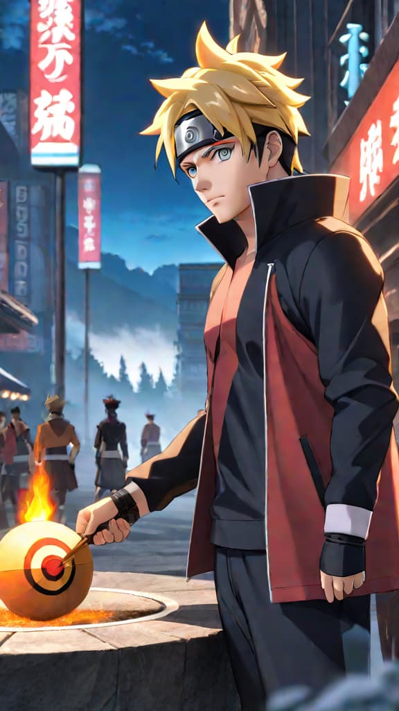  anime art: boruto with the karma seal, accessing abilities beyond human comprehension in a powerful display. hyperrealistic, full body, detailed clothing, highly detailed, cinematic lighting, stunningly beautiful, intricate, sharp focus, f/1. 8, 85mm, (centered image composition), (professionally color graded), ((bright soft diffused light)), volumetric fog, trending on instagram, trending on tumblr, HDR 4K, 8K