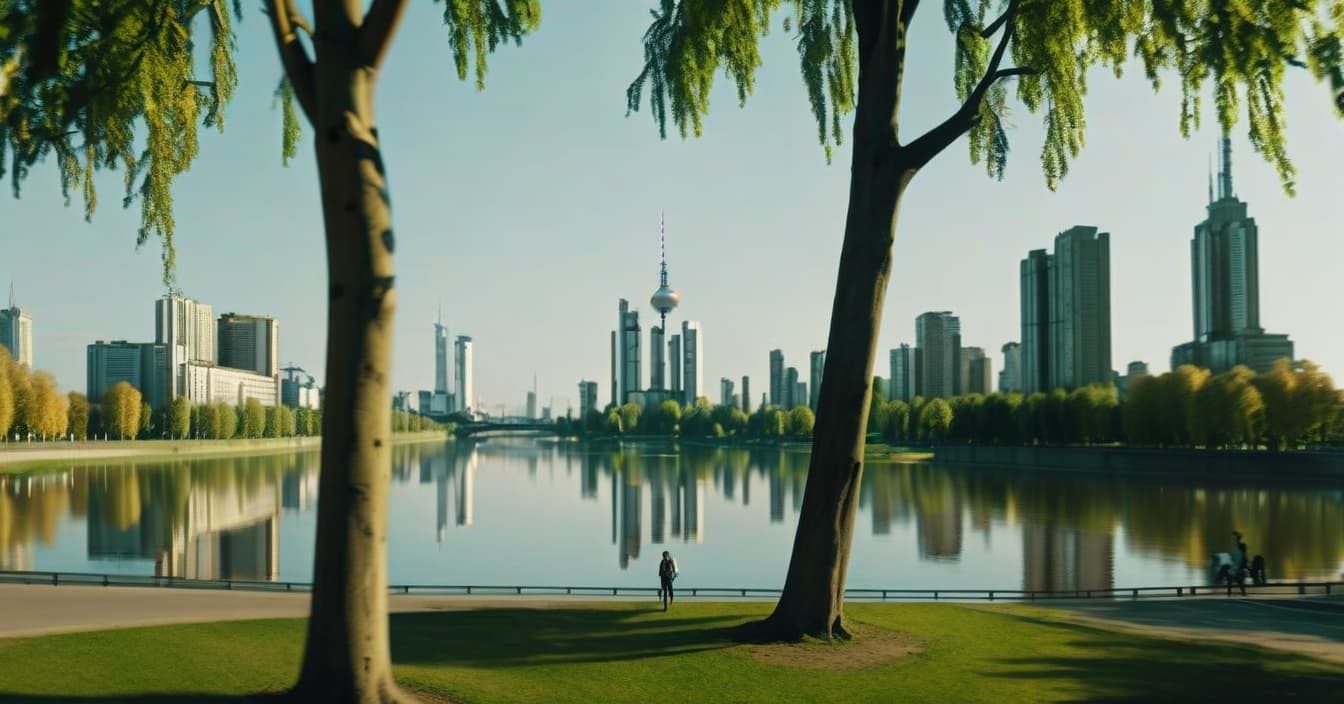  metropolis themed realistic landscape, metropolis in the distance, left linden tree and right linden tree, sunny summer day, wide angle camera, park, lake reflects trees, cinematic, bottom view from the park . urban, cityscape, skyscrapers, modern, futuristic, highly detailed