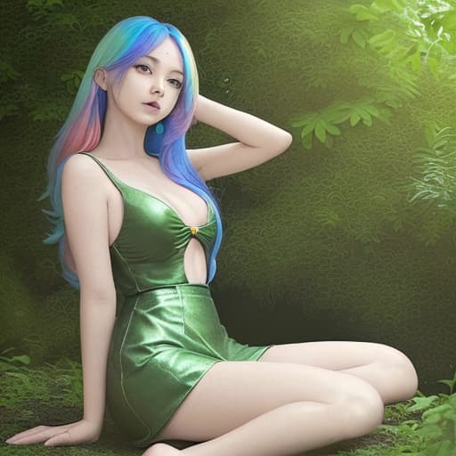  a 28age lady so sexy her hair rainbow color and she sitting in the circle it was covered by green leaves