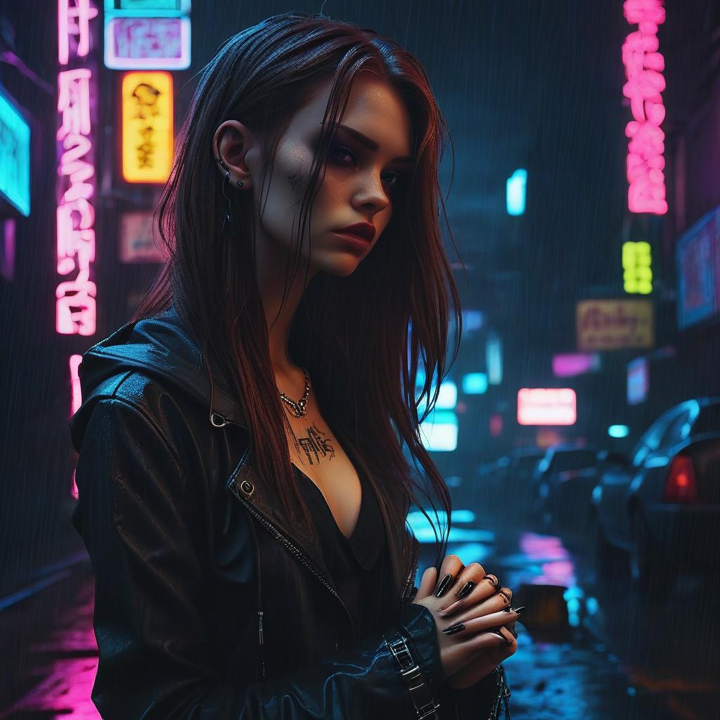  neon noir girl, gothic, long brown hair, long black sharp nails . cyberpunk, dark, rainy streets, neon signs, high contrast, low light, vibrant, highly detailed