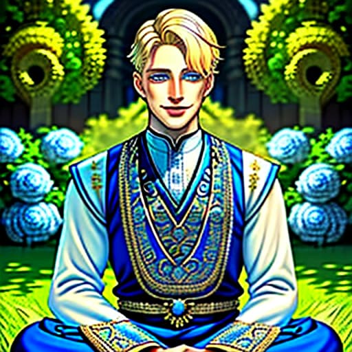  blue eyed god blonde man with short hair in the clothes of the deity sits on the grass and smiles, (intricate details:1.12), hdr, (intricate details, hyperdetailed:1.15)