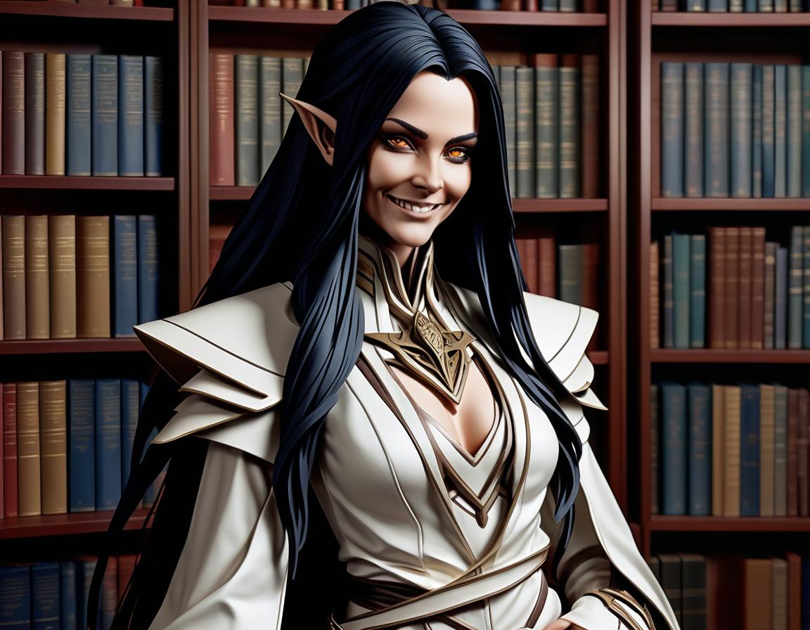  stacked papercut art of eldar female from warhammer 40000, long black hair gathered in a braid, hands hidden behind her back, evil smile, brown eyes, white robe, library on the background . 3d, layered, dimensional, depth, precision cut, stacked layers, papercut, high contrast