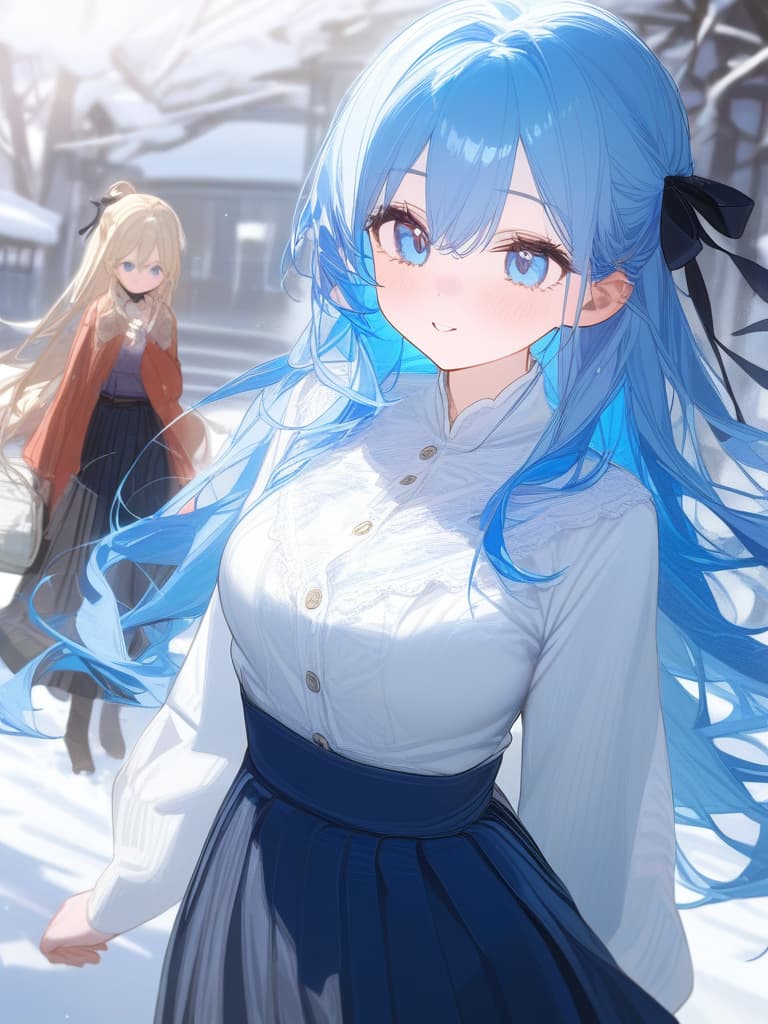  girls, white skin, light blue kimono, blue hair ribbon, light blue eyes, blue eyes, white gradation hair color, long hair, blue pleated skirt, meiji, snow, cute face, frill lace, masterpiece, best quality,8k,ultra detailed,high resolution,an extremely delicate and beautiful,hyper detail