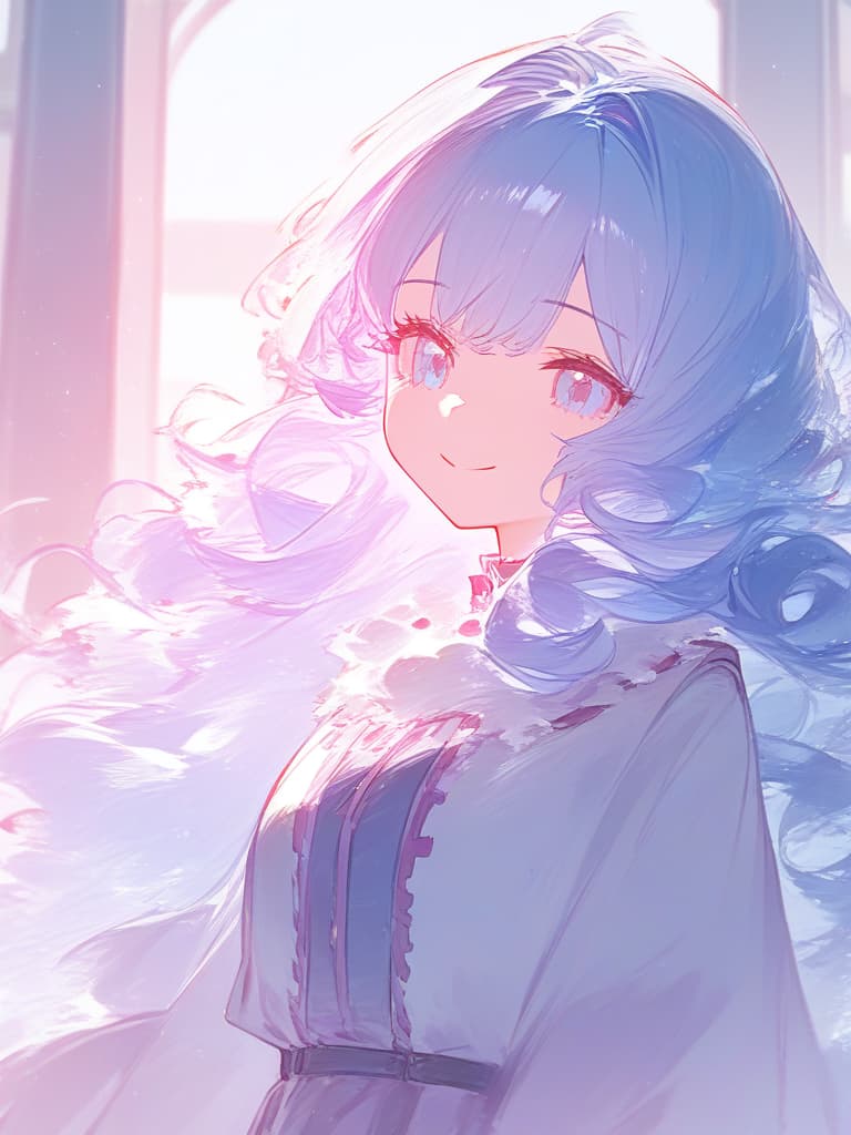  masterpiece (light colored illustration:2.0)(pink and light blue hair color:2.0)(long fluffy curly hair:2.0)(beautiful girl:1.5)(smiling)(in a cute long sleeved dress:1.5)(in pale sunlight)high quality,8k,super analysis