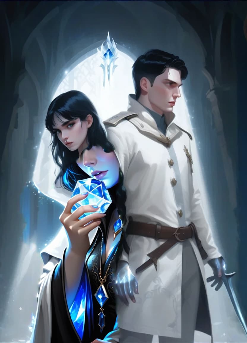  the girl is dressed in black pants, a white shirt and a hooded cloaka blue crystal glows on the girl's neck. fantasy. middle ages. pale skin, hkmagic