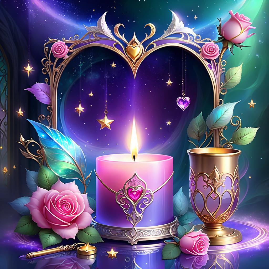  ethereal fantasy concept art of (background):colour:violet blue. (background decoration):silver frames in the shape of hearts and gold fancy stars. (centre):glass square pink candlestick and lighter decorated with fancy roses. (rose colour):pink, dark pink, with cream border. (leaf colour):dark green, green blue, light green. (style):fantasy, fantasy art design, jewellery, interior. . magnificent, celestial, ethereal, painterly, epic, majestic, magical, fantasy art, cover art, dreamy, civitai, hkmagic