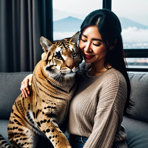  a big cat hugs a cute girl in the living room,mount fuji hyperrealistic, full body, detailed clothing, highly detailed, cinematic lighting, stunningly beautiful, intricate, sharp focus, f/1. 8, 85mm, (centered image composition), (professionally color graded), ((bright soft diffused light)), volumetric fog, trending on instagram, trending on tumblr, HDR 4K, 8K