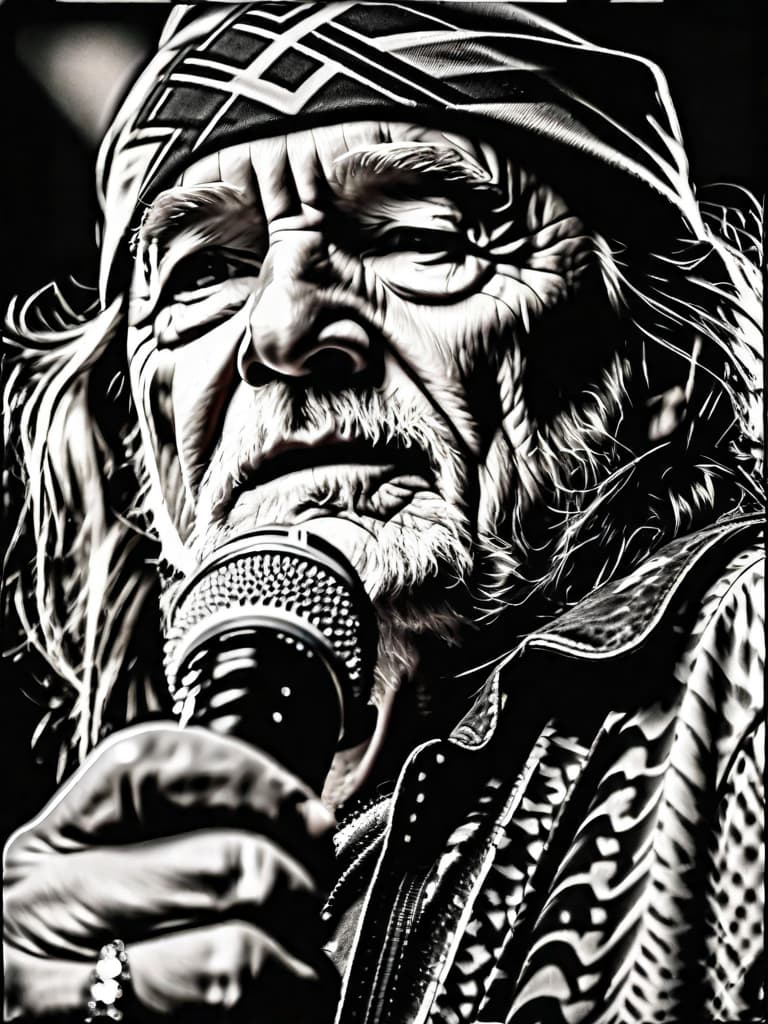  Singer Willie Nelson, medium shot, upper body, spotlight, long exposure lighting, street art style spray paint, glamour lighting