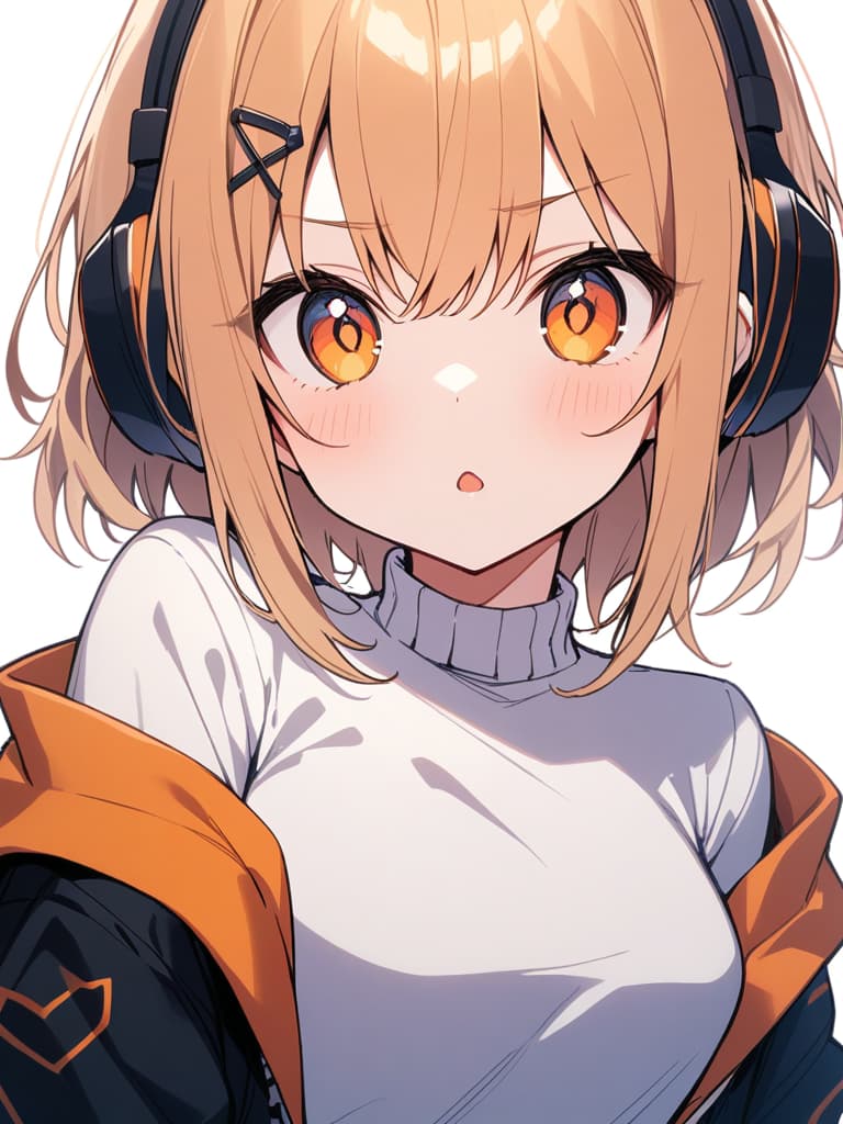  (cat ear headphones: 1.2), masterpiece, open mouth, best quality, (close up: 1.2), from front, (medium hair), (pure eyes: 1.1) , earring, ( orange overside jacket: 1.1), (shoulder gap: 1.2), (white turtleneck: 1.1), (hair pin: 1.3)