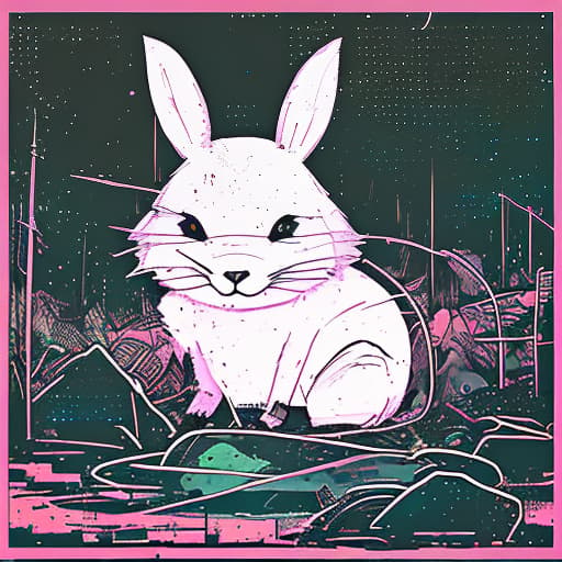 nvinkpunk a small white rabbit makes its way through a dark forest. moss grows around, and stones are scattered. the moon is in the sky, and moonlight filters through the trees, falling on the rabbit.