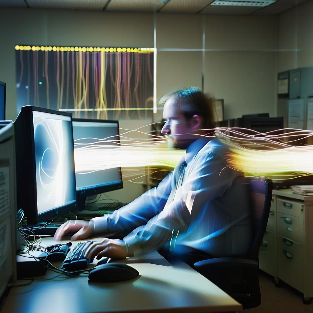  long exposure photo of an office worker sits at a working computer on a monitor . blurred motion, streaks of light, surreal, dreamy, ghosting effect, highly detailed, perfect hands, film photography style