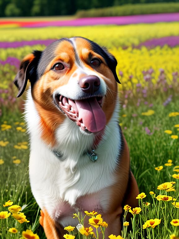  the happiest dog in the world, background flower field