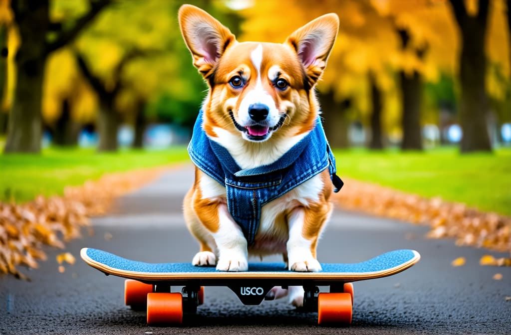  professional detailed photography, a corgi puppy stands with four paws on a platform skateboard on an asphalt path in an autumn park in a denim sleeveless jacket , (muted colors, dim colors, soothing tones), (vsco:0.3)