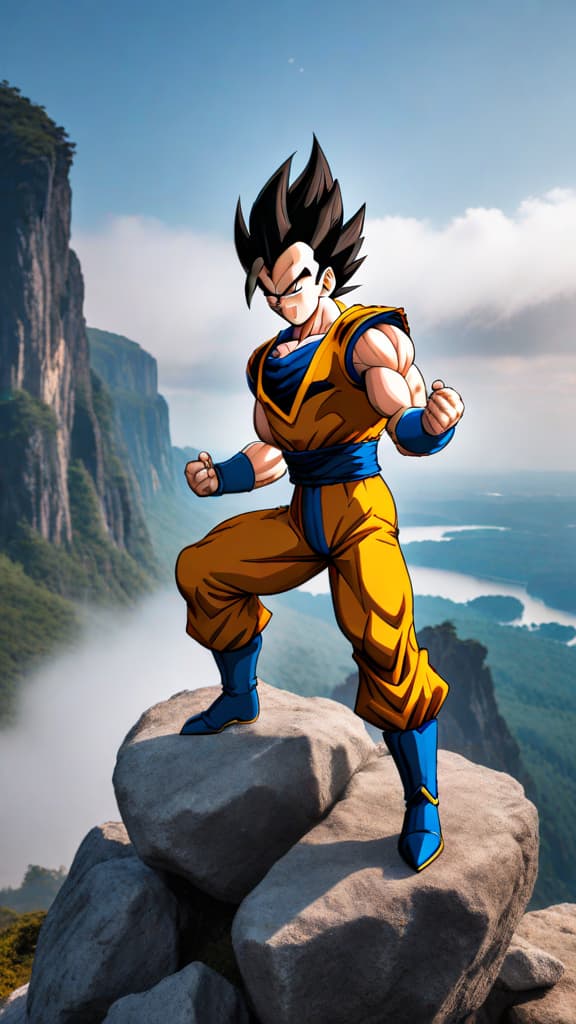  vegeta from dragon ball z on a cliff edge, eyes determined, training fiercely, universe whispers around him, anime art hyperrealistic, full body, detailed clothing, highly detailed, cinematic lighting, stunningly beautiful, intricate, sharp focus, f/1. 8, 85mm, (centered image composition), (professionally color graded), ((bright soft diffused light)), volumetric fog, trending on instagram, trending on tumblr, HDR 4K, 8K