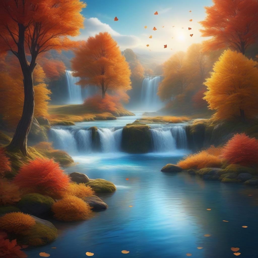  "Heart of water" on the background of an autumn landscape, a bright dynamic picture in the fantasy style