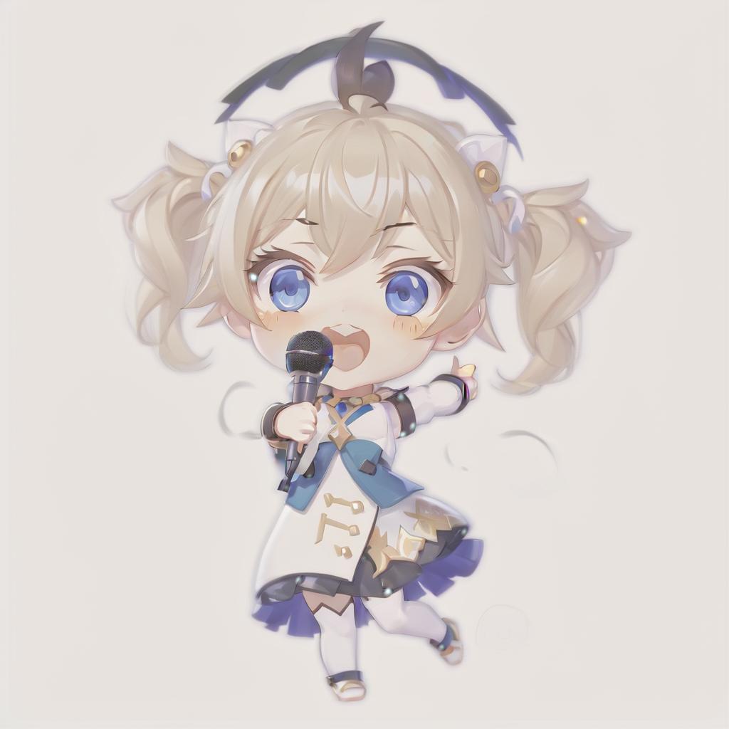  anime artwork anime chibi cute girl barbara from genshin impact with microphone in hand . anime style, key visual, vibrant, studio anime, highly detailed, perfect hands