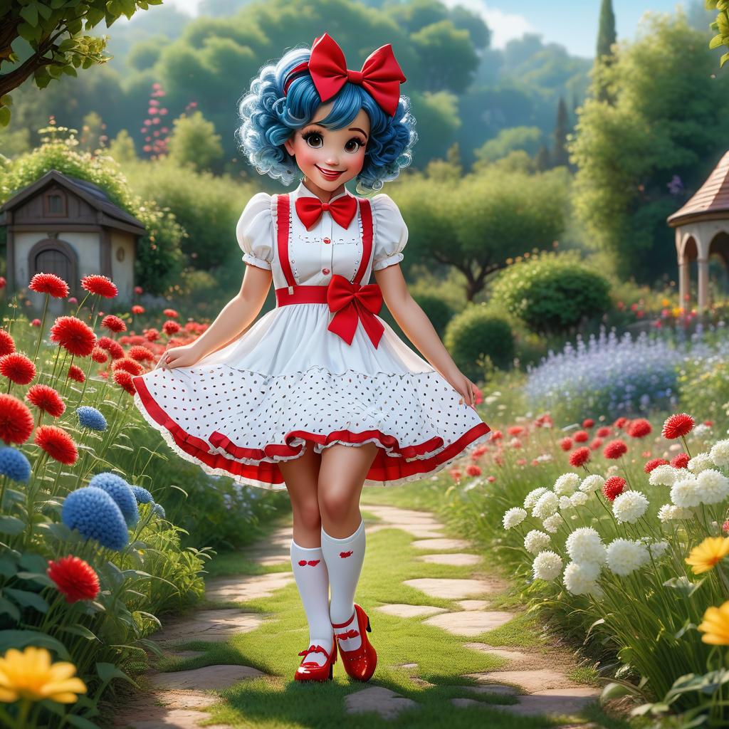  breathtaking cute mischievous with curly blue hair and a big red bow on her head, smiling, dressed in a white dress with red polka dots, puffy , white socks on her feet, beautiful red shoes. she is in a meadow with flowers, in the garden. cartoon image in disney style . award winning, professional, highly detailed hyperrealistic, full body, detailed clothing, highly detailed, cinematic lighting, stunningly beautiful, intricate, sharp focus, f/1. 8, 85mm, (centered image composition), (professionally color graded), ((bright soft diffused light)), volumetric fog, trending on instagram, trending on tumblr, HDR 4K, 8K