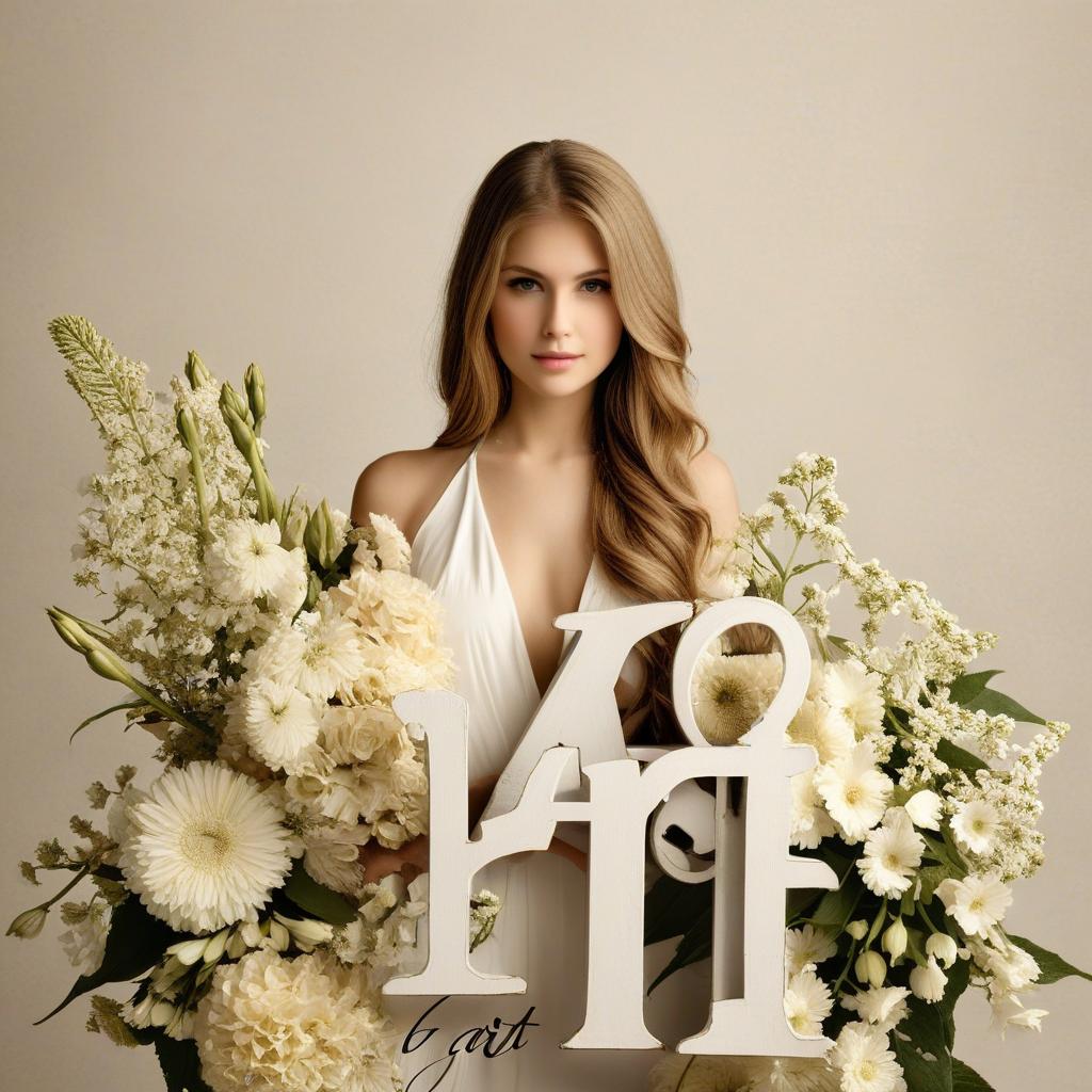  a and flowers on her and , photography style, studio lighting, banner style, text " art"