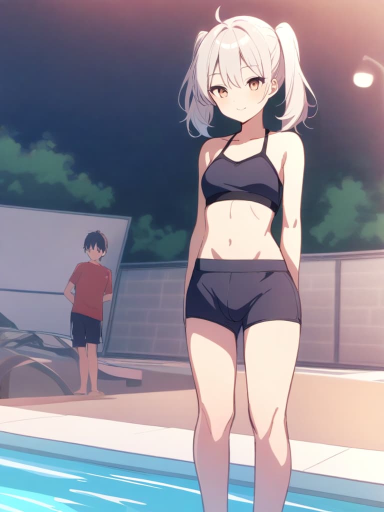  women's elementary students (male), twin tails, cute smiles, (rich s), low stature, dark blue swimwear, old swimwear, , simple, (upward), , (bulge), front, whole body, pool side. ,,,