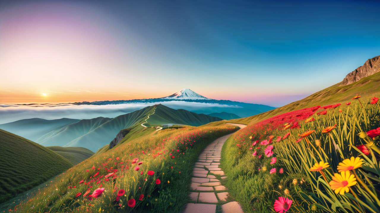  a serene landscape featuring a winding path leading towards distant mountains, with milestones marking various goals along the way, surrounded by vibrant flowers and a clear blue sky, symbolizing progress and aspiration. hyperrealistic, full body, detailed clothing, highly detailed, cinematic lighting, stunningly beautiful, intricate, sharp focus, f/1. 8, 85mm, (centered image composition), (professionally color graded), ((bright soft diffused light)), volumetric fog, trending on instagram, trending on tumblr, HDR 4K, 8K