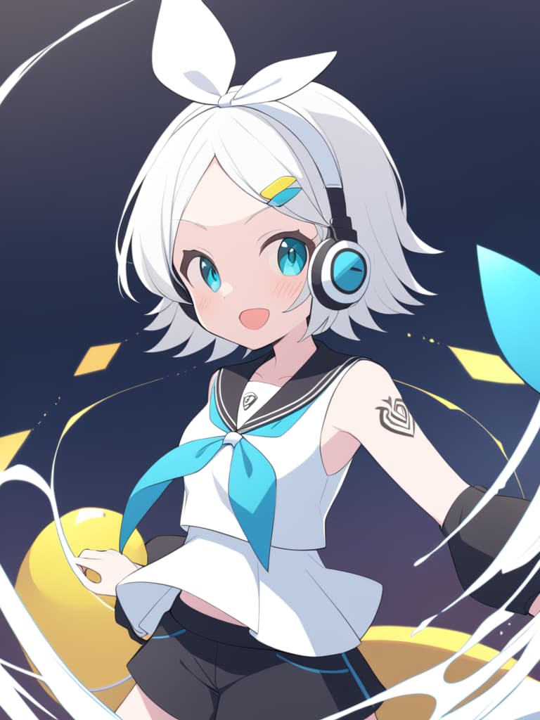  comedy, kagamine rin, (kagamine rin), (kagamine rin), kagamine base, short hair, hair clip, white hair band, hair ribbon, white headphones, tattoo, numeric tattoo, black sailor color, tone stock, white croptop top , slephes, yellow neckkka, removable sleeves, black sleeves, black shorts, eberto,