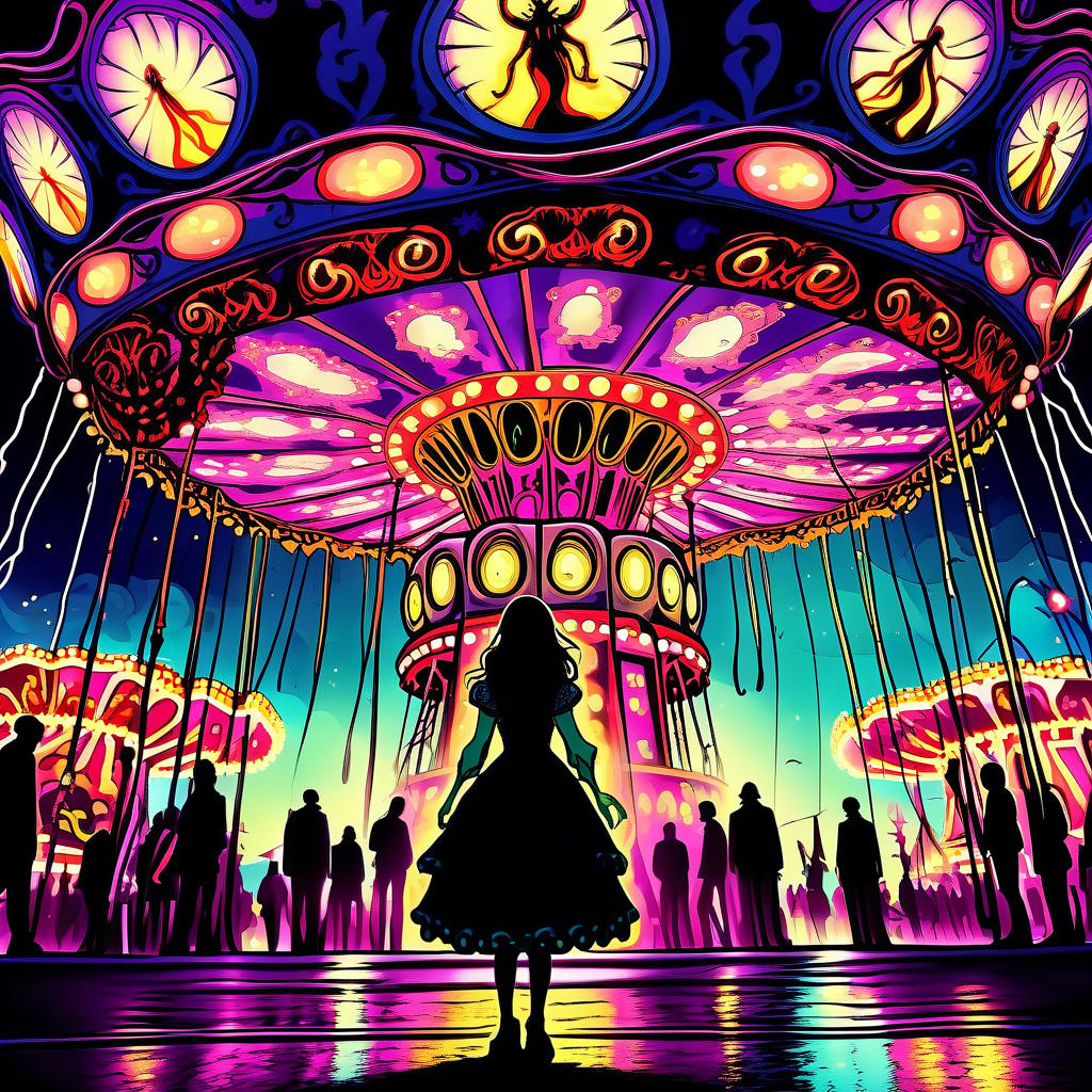  lovecraftian horror a full length girl stands with her back, does not look at the camera, and looks at a huge bright carousel at night . eldritch, cosmic horror, unknown, mysterious, surreal, highly detailed