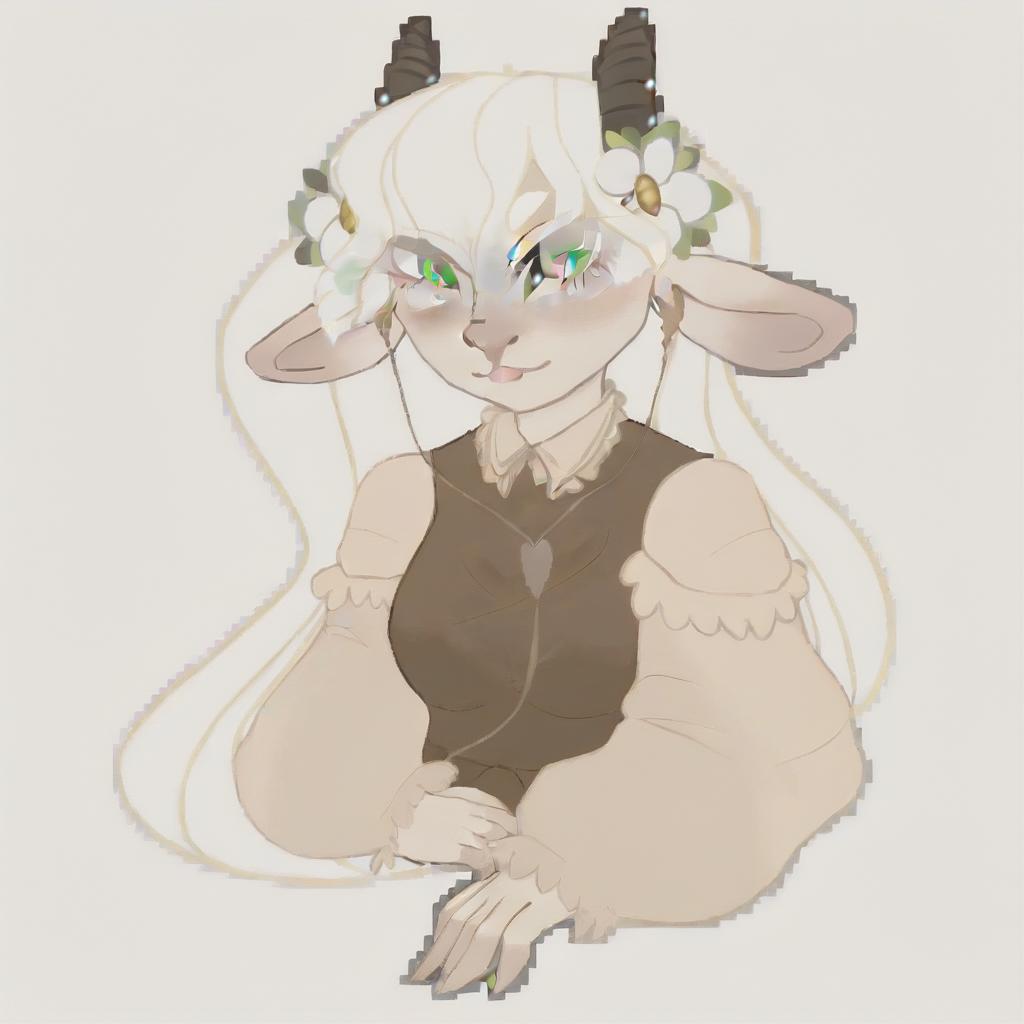  anthropomorphic goat, blonde, long hair, curls, bangs, dressed in fairy core style, green eyes. a picture is an avatar for vitubing, neutral color background, pink blush