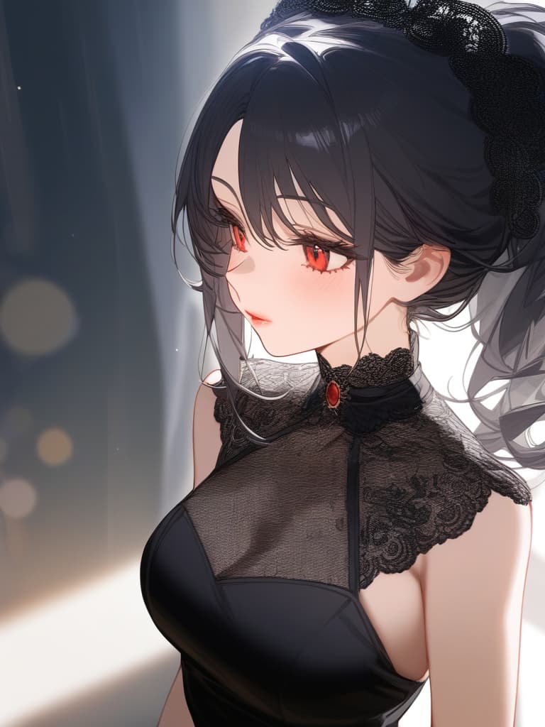  masterpiece,1girl,black hair,red eyes,long hair,slender,black dress,head dress,lace gloves,black lace,lips,