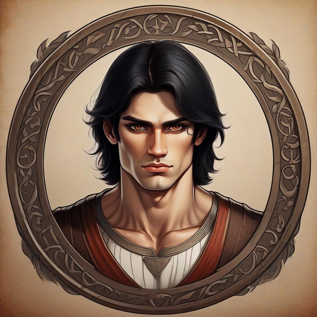  draw a guy with black hair long under a frame 19 years brown eyes light skin muscular face of an ordinary slavic chin round kinder look in the middle ages style of drawing