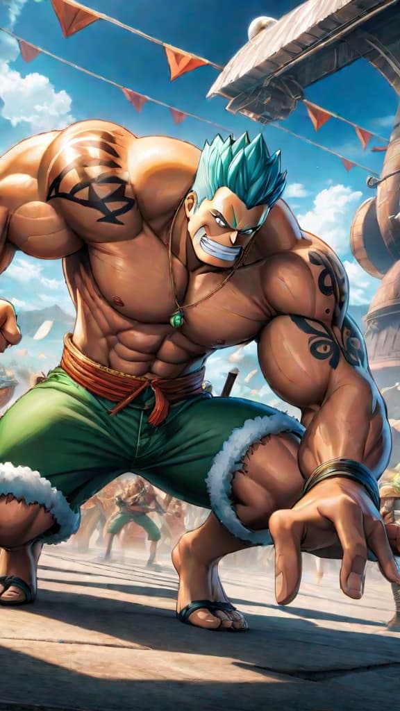  anime art: franky from one piece burns the pluton blueprints to protect the world from its power. hyperrealistic, full body, detailed clothing, highly detailed, cinematic lighting, stunningly beautiful, intricate, sharp focus, f/1. 8, 85mm, (centered image composition), (professionally color graded), ((bright soft diffused light)), volumetric fog, trending on instagram, trending on tumblr, HDR 4K, 8K