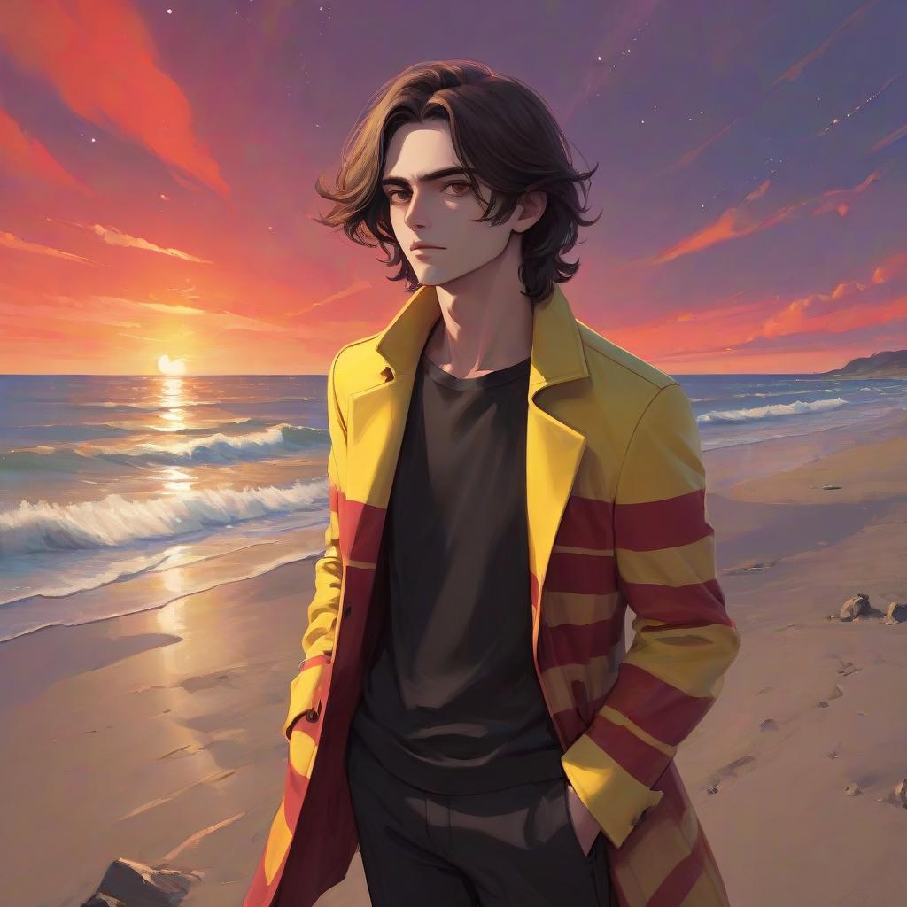  psychedelic style a young man stands alone on the beach. he has long dark brown hair, which flies slightly in the breeze. his face, with pronounced jewish and slavic features, radiates lively energy. brown eyes are full of deep emotions, as if reflecting the vast expanses of the ocean. he wears a bright yellow coat that seems to shine, catching the eye and contrasting with the soft shades of the sunset. under his coat he wears a black shirt and black pants are decorated with yellow elements, creating a stylish and dynamic look. the sunset turns into the night sky and full of stars, and the outgoing red sun rays fall on the terrain in bright red stripes contrasting with the oncoming night. the image uses such colors and shades of colors as: 