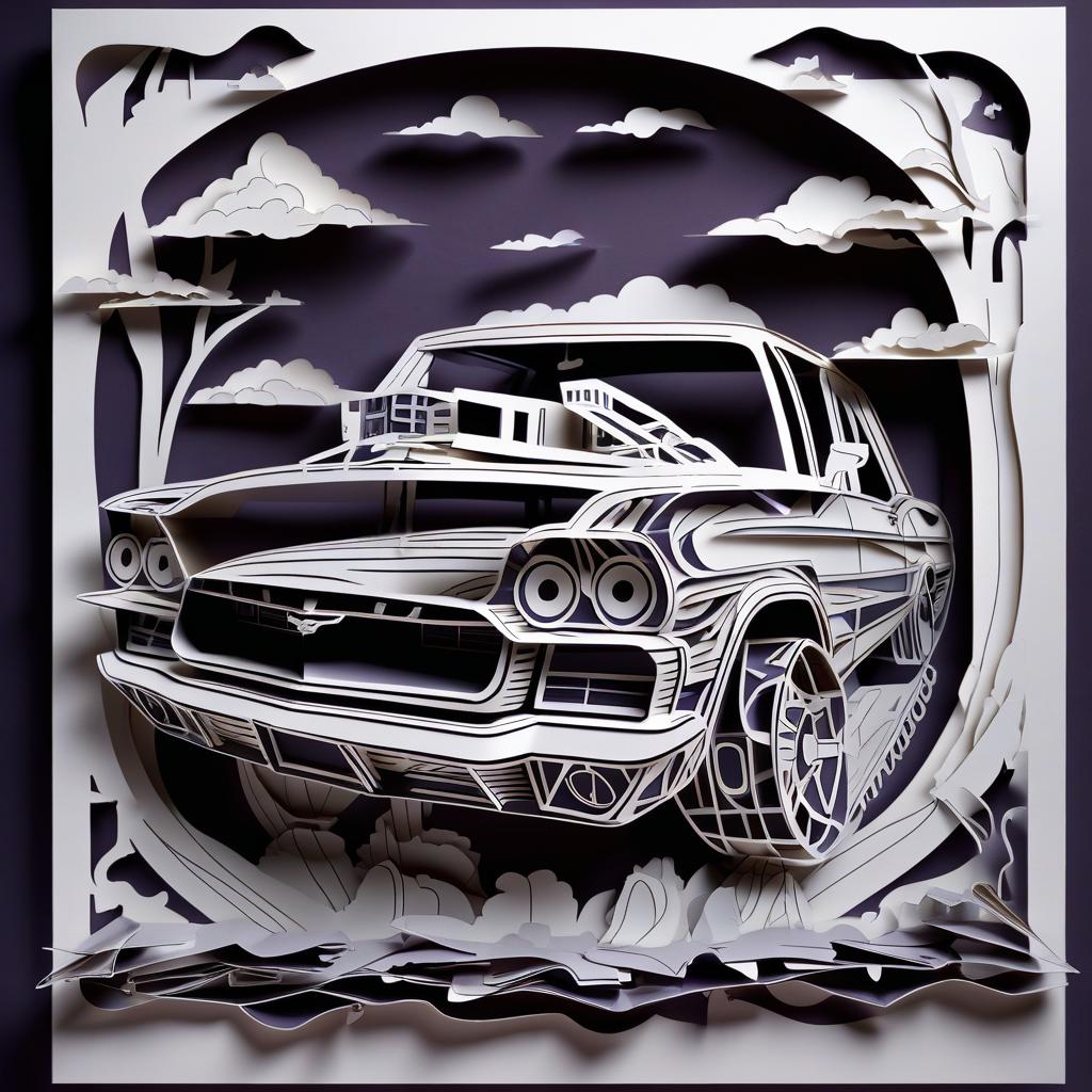  stacked papercut art of Изящный, брутальный cadillac mustang bronco . 3d, layered, dimensional, depth, precision cut, stacked layers, papercut, high contrast