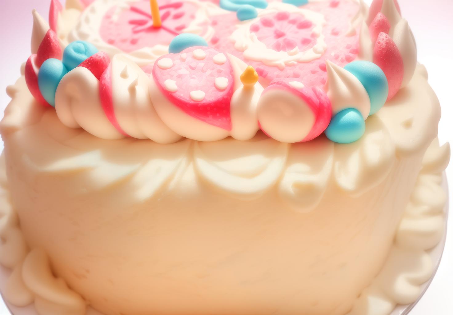  best quality, ultra high resolution, perfect lighting, cute cartoon birthday cake, multi layered, full and rounded, front view, complete cake, detailed frosting decorations, colorful layers, playful design, smooth lines, friendly appearance, bright and cheerful colors, whimsical patterns, intricate icing details, charming cake toppers, fun and playful decorations, joyful and festive atmosphere, visually appealing, non realistic, cartoonish elements, 3d appearance, dimensional layers, textured frosting, cream, frosting, chocolate chips, sprinkles, ganache, drizzled icing, whipped cream, edible decorations, decorative patterns, candles, small amount of fruit, clean background, (masterpiece:1.2), (extremely detailed:1.2), (8k:1.2)