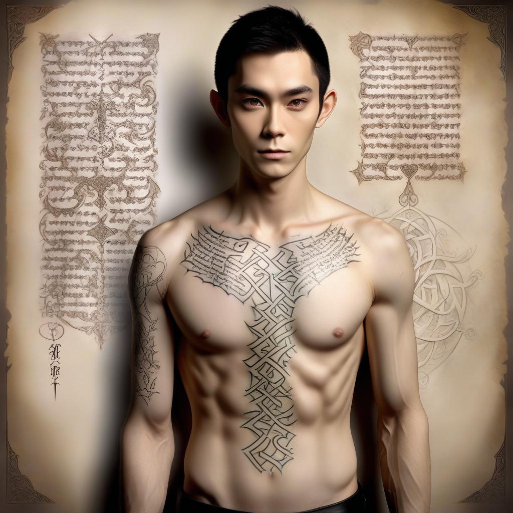  magic tattoo on the shoulders and torso with elven text, hkmagic