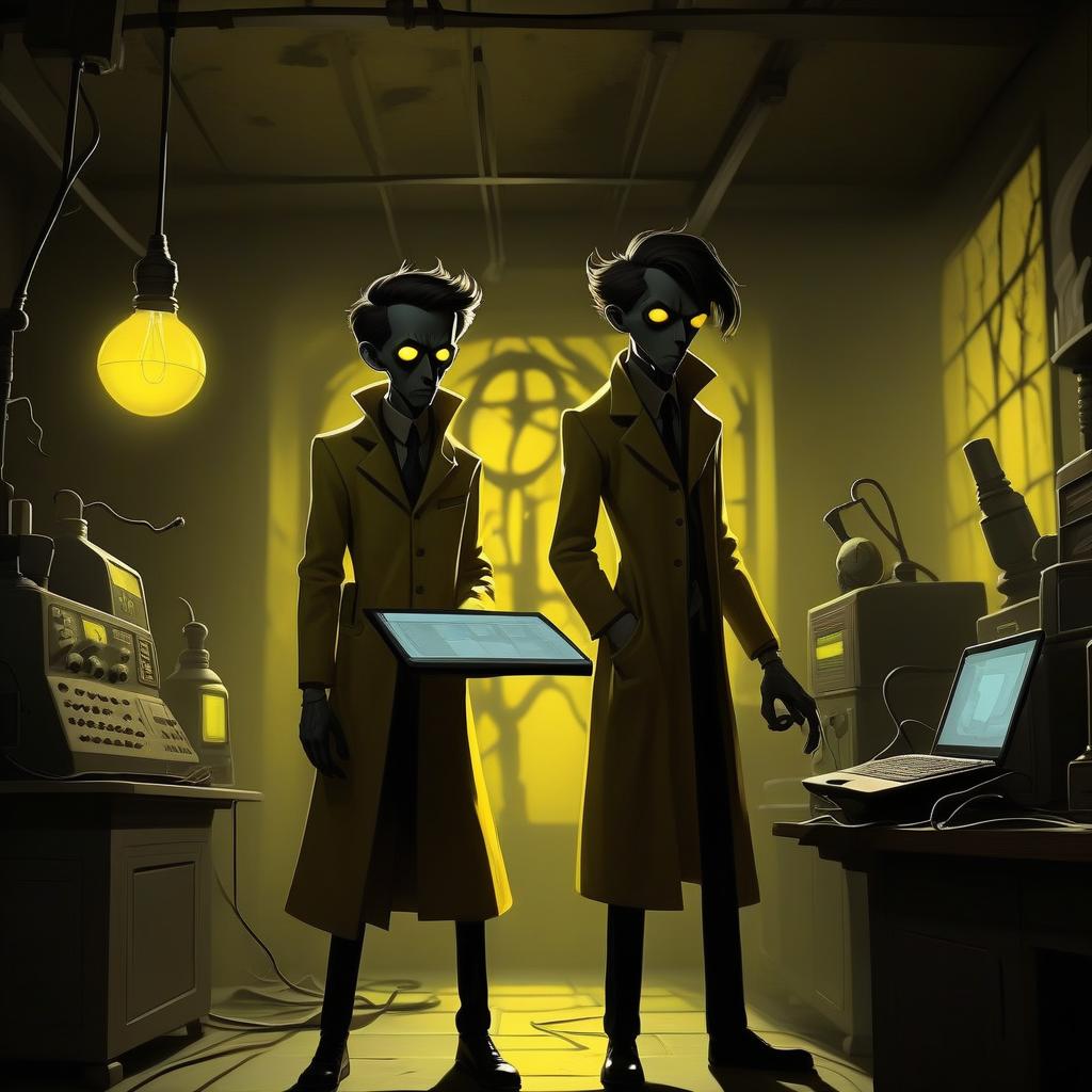  macabre style in the middle of the stage are two scientists. wearing yellow chemo. one of the scientists is holding a scientific device or laptop, looks focused. background: behind the scientists, in the shadows, you can see the silhouette of one of the monsters from the world of backrooms. it can be something obscure and sinister, such as a strange, distorted shadow or a silhouette with unusual features. the texture of the background can be blurred to create a sense of depth and threat. backrooms background . dark, gothic, grim, haunting, highly detailed