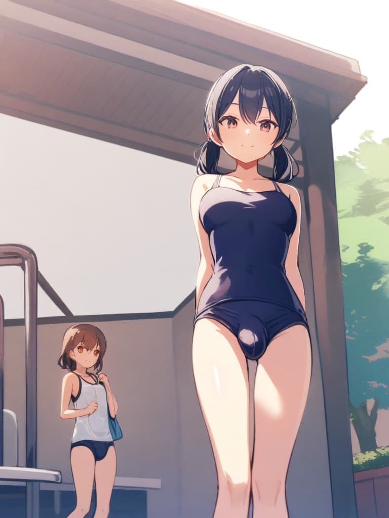  women's elementary students (male), twin tails, cute smiles, (rich s), low stature, dark blue swimwear, old swimwear, , simple, (upward), , (bulge), front, whole body, pool side. ,,,